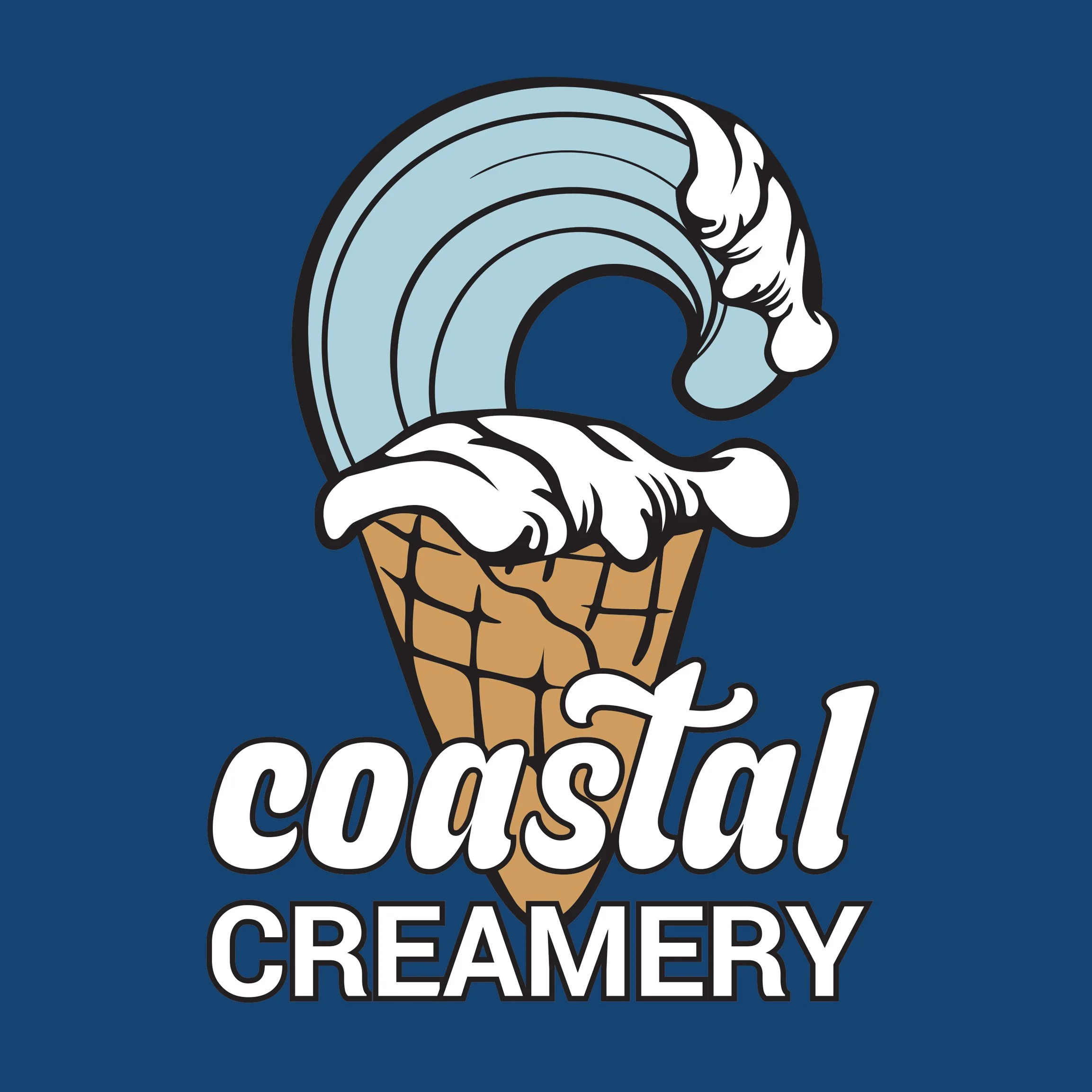 Logo of Coastal Creamery featuring a wave shaped like ice cream in a cone on a blue background.