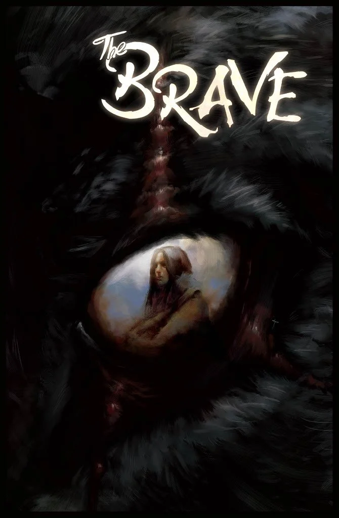 Cover art for the comic or graphic novel titled 'The Brave,' featuring a dark, ominous background with a large, central eye. Inside the eye, there is a portrait of a woman with brown hair, looking downward. The title 'The Brave' is prominently displayed at the top in large, stylized white font. A circular emblem with a face and the text 'MYTHOS #1' is in the upper left corner.