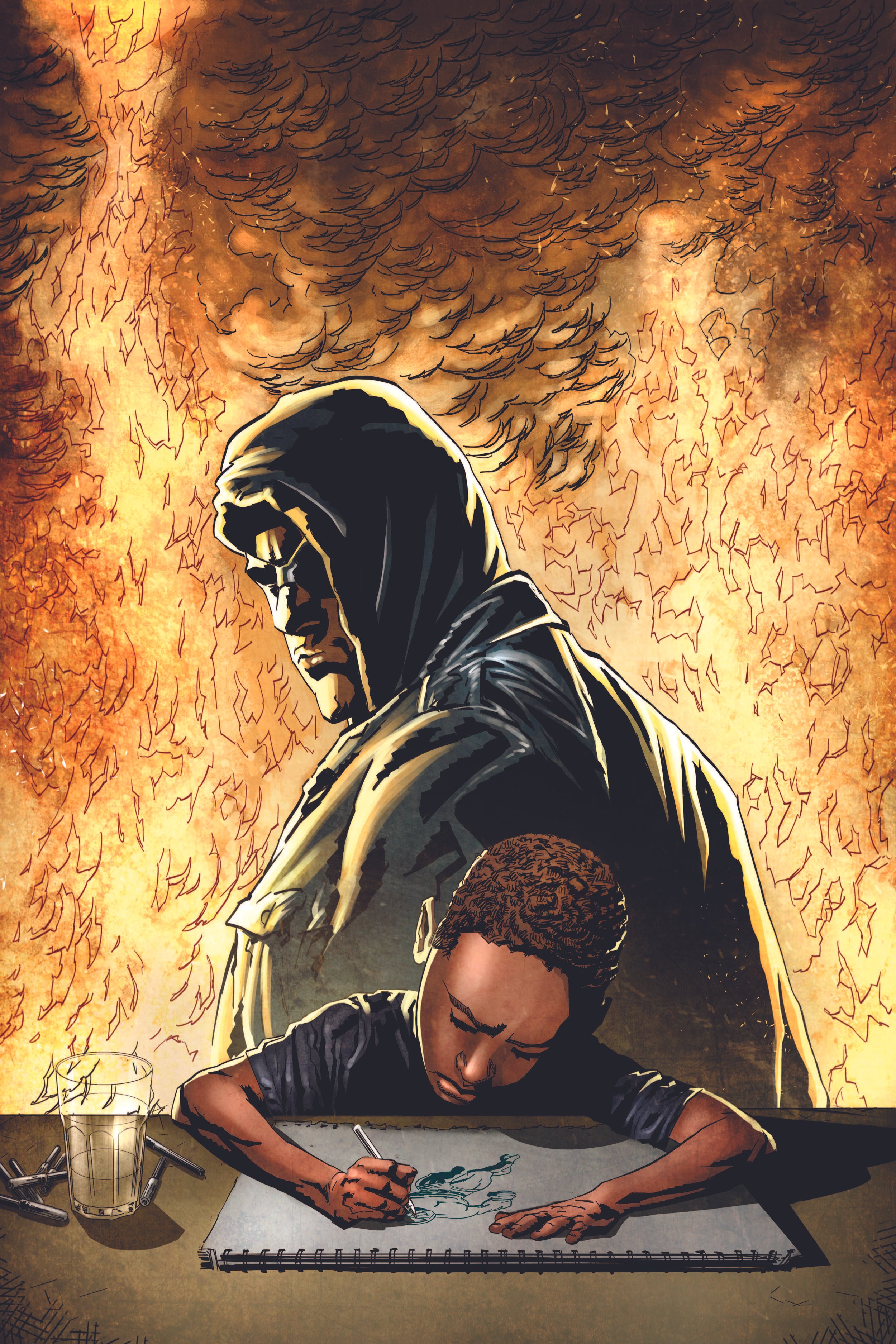 Comic book cover titled 'SANTARTEAN' featuring a man with a hood looking through a window at a boy with a mechanical hand holding a device. The background has a gritty, urban style with warm earthy tones. The cover also includes the text 'MYTHOS ISSUE 2' and names Branislav Schut, Marc Olivent, Renzo Podesta.