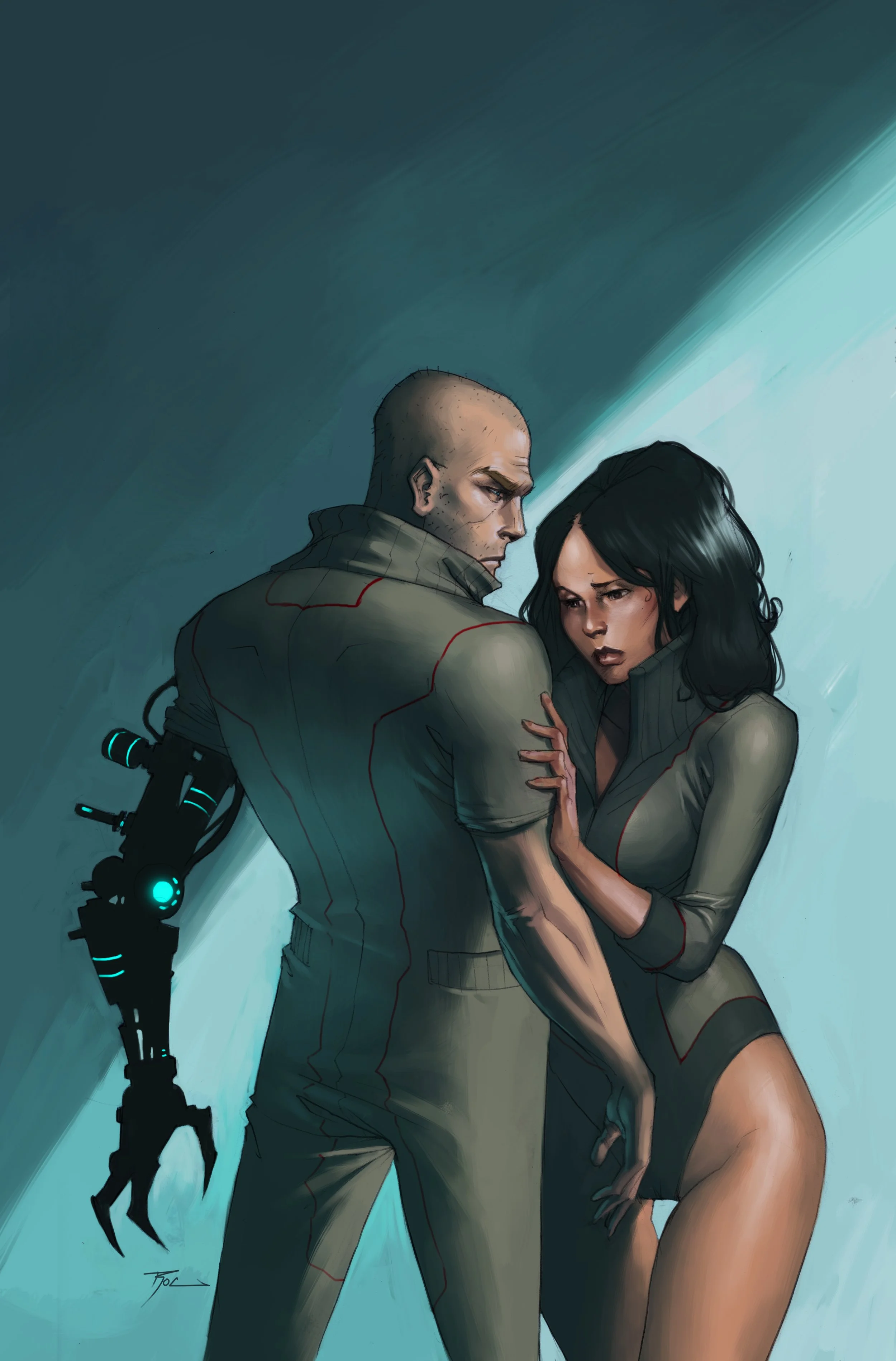 Comic book cover titled "Deep Blue" featuring a man with a robotic arm and a woman in a green outfit, both in a tense pose against a blue background.