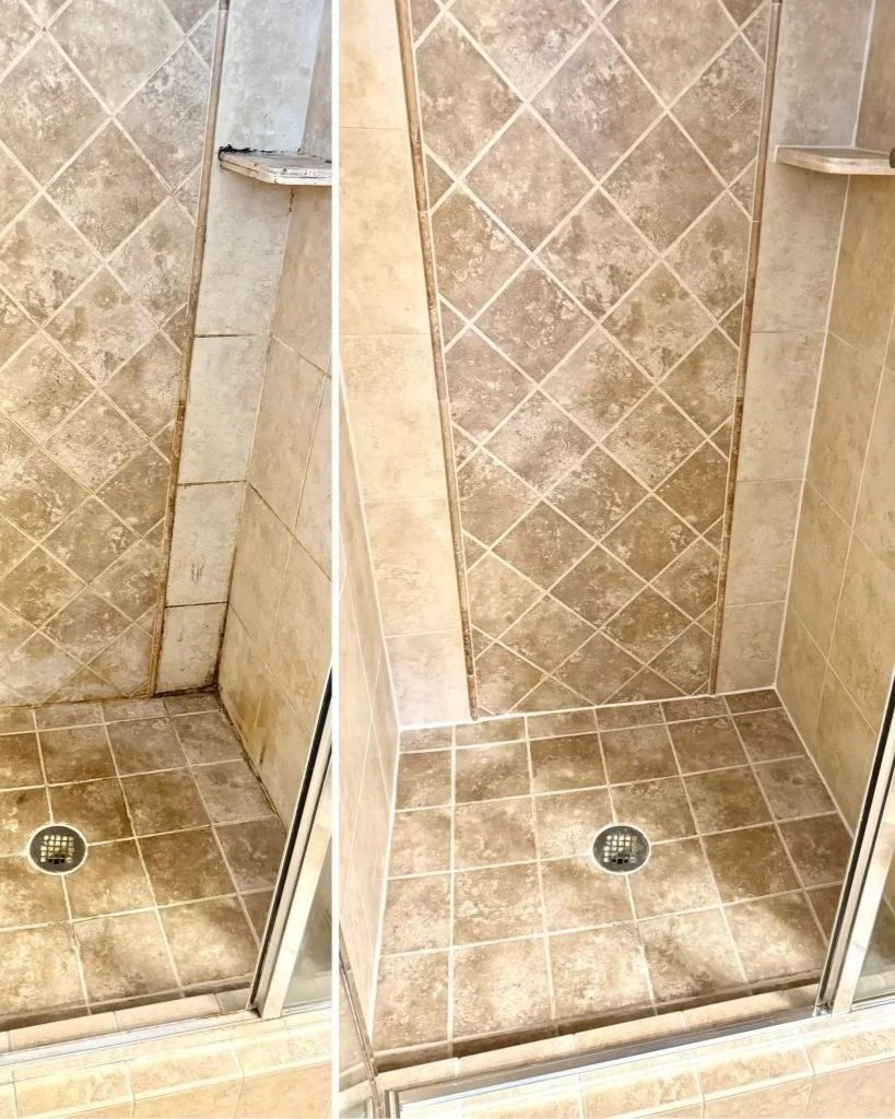 Before-and-after photos of a tiled walk-in shower with a glass door and floor drain, showing grime buildup on the left and a cleaner finish on the right.