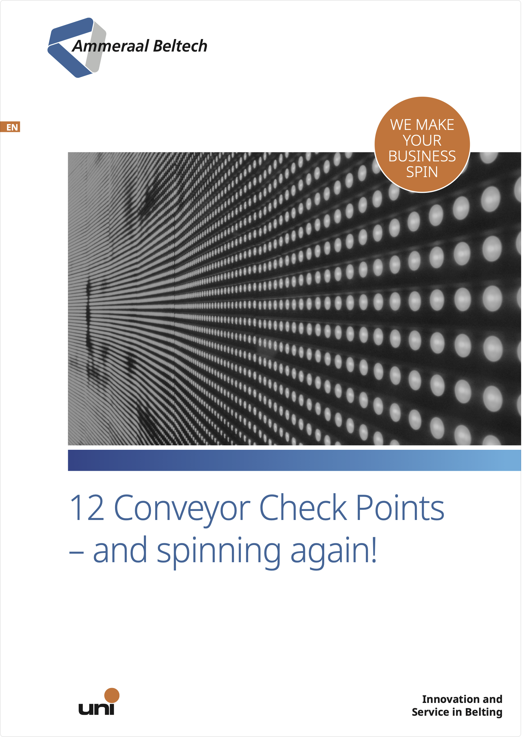 Forside av en guide som heter "12 Conveyor Check Points - and spinning again" utgitt av Ammeraal Beltech, med bildet av en mønster av lysende dots på en bakgrunn.