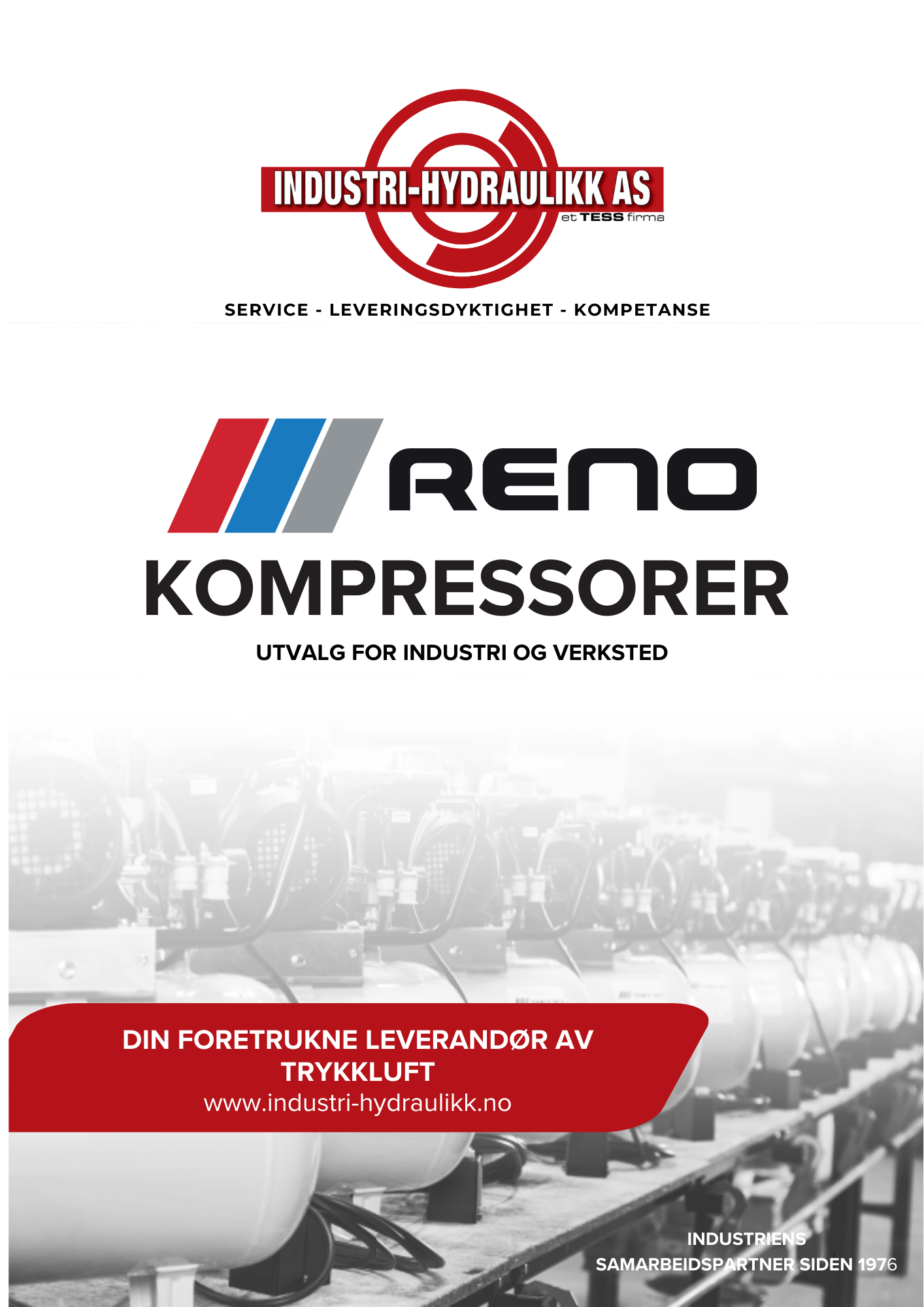 Forside av katalog for Reno-kompressorer, utgitt i 2025, med bilder av industrielle kompressorer og et rødtt banner med tekst om trykkluft- og høytrykkløsninger.