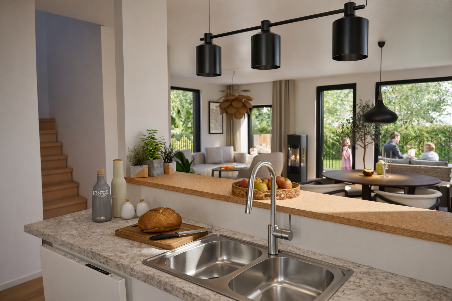 Öppen planlösning med kök och vardagsrum. Köksö med dubbla diskhoar, bröd på skärbräda och svarta taklampor ovanför. I bakgrunden syns soffa, matbord, kamin och stora fönster mot trädgård.