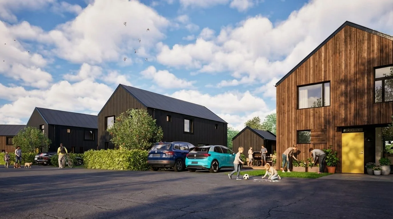 miljevänligt bostadsområde med tre hus i olika brun- och gråa träpanelsfasader. Grannar vistas utomhus på tomterna, med grönskande omgivning runt husen