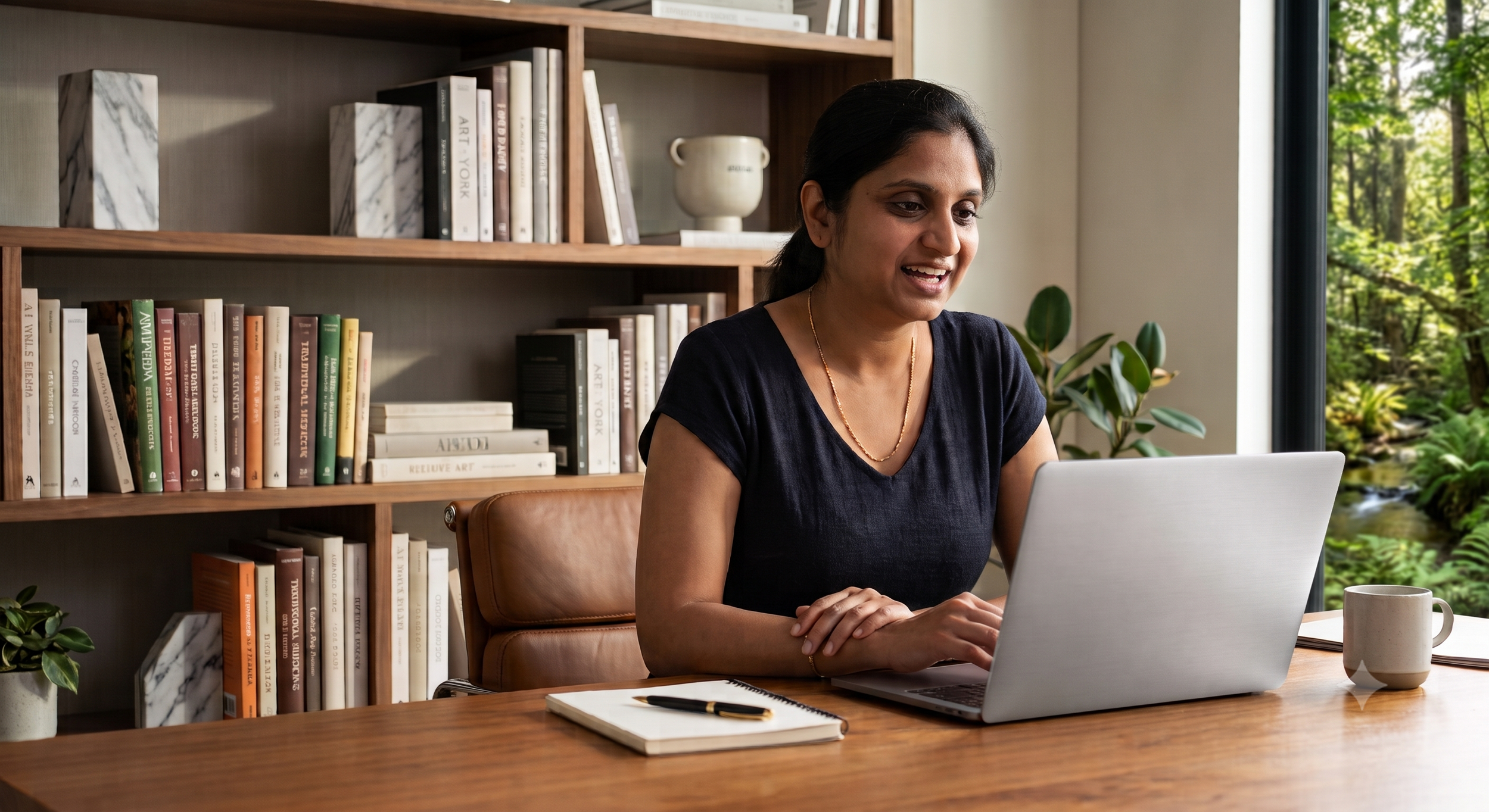A woman with dark hair sitting at a wooden table working on a silver laptop, with a white mug and notepad in front of her, in a room with a bookcase filled with books and decorative marble pieces, and large window with lush green trees outside.