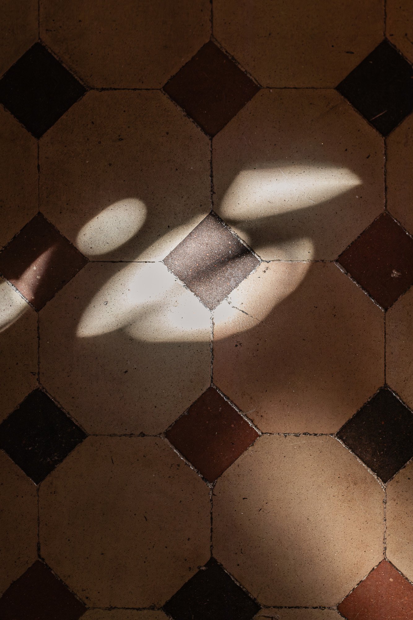 Sunlight creates shadows on a patterned tile floor with beige and dark brown tiles.