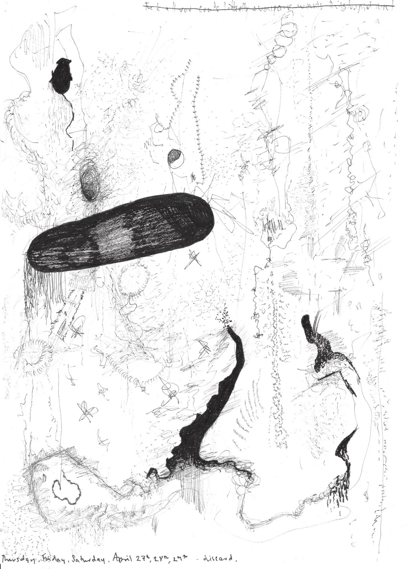 Thursday, Friday, Saturday, April 27th, 28th, 29th. - discard. 2024.

Drawing in archival black ink pen on Carta pura 120g white 100% cotton paper.
11.5 x 8.5 unframed.
