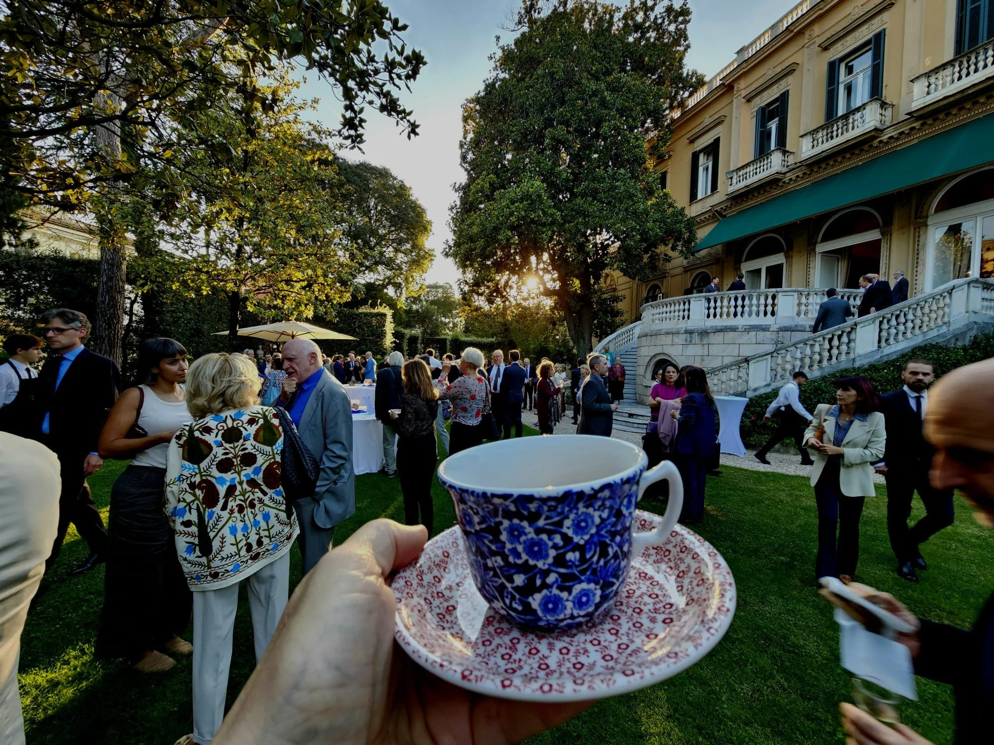 Tea at Villa Wolkonsky in Rome with the British Ambassador to Italy, Stephen Hickey CMG