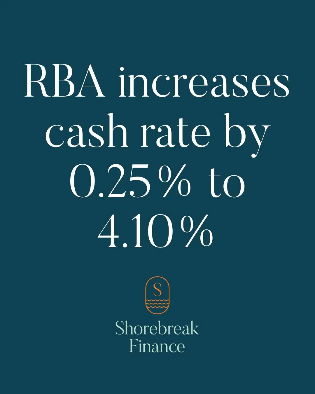 RBA Cash Rate Update.
The Reserve Bank has increased the cash rate by 0.25% to 4.10% at today&rsquo;s meeting.

If lenders pass this increase on, borrowers may see repayments rise in the coming months. Changes like this are a good reminder to ensure 