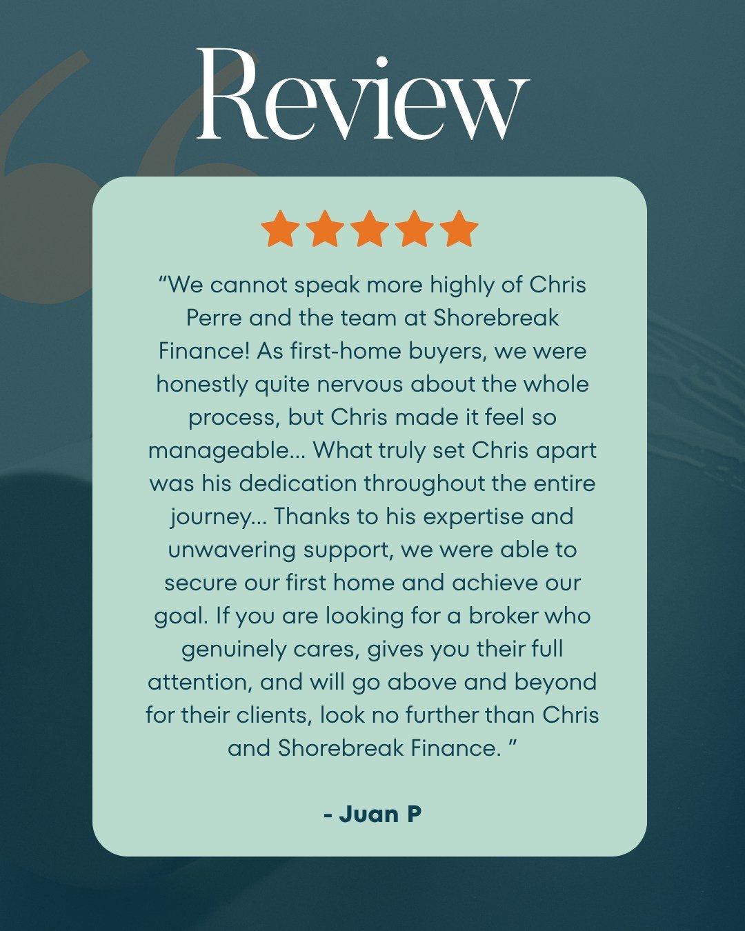 Helping first home buyers navigate the process with confidence is something we take great pride in - and feedback like this means so much to our team.

A huge thank you to Juan for your incredibly kind words about Chris and our team. From the first c