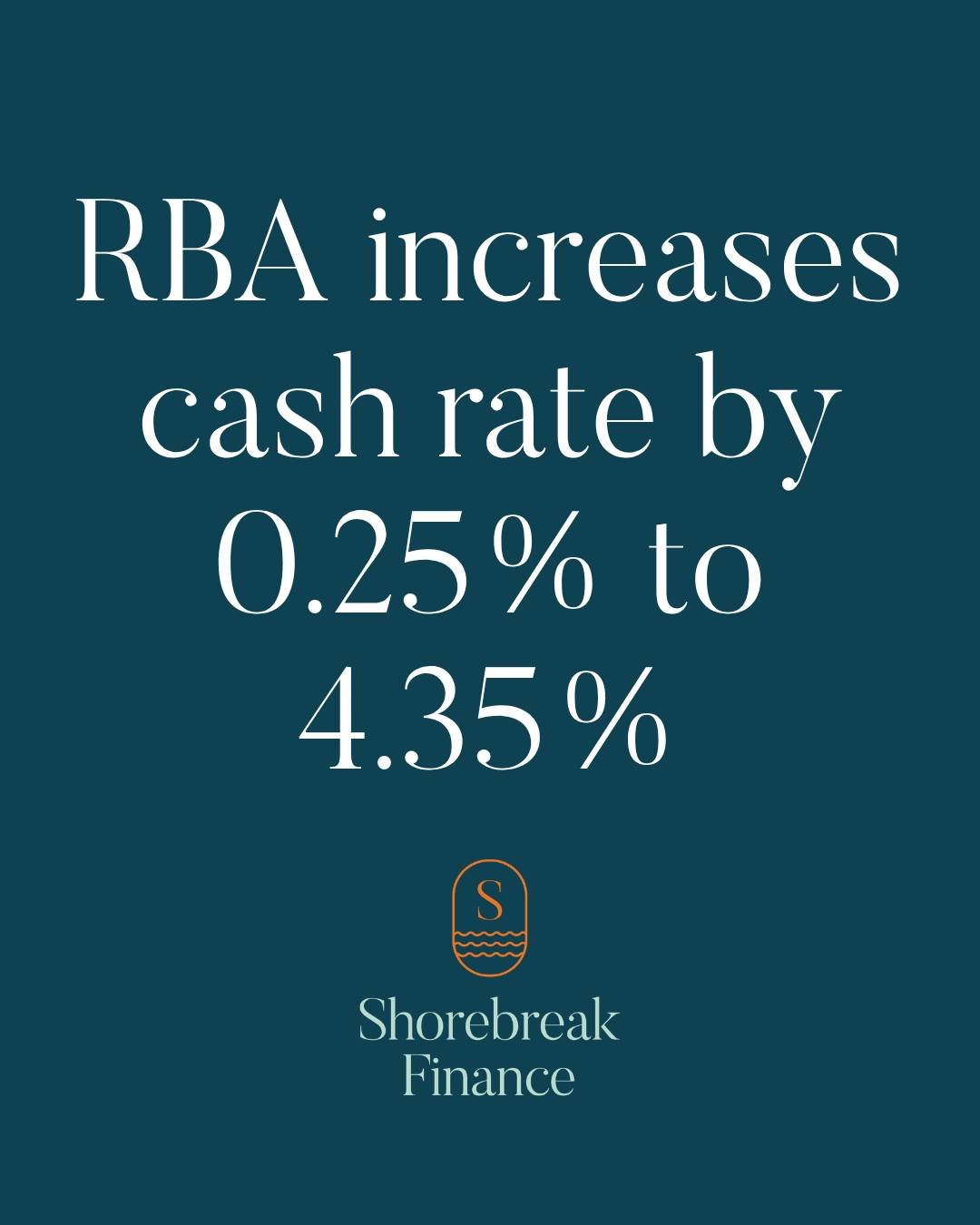 📢 RBA Cash Rate Update
The Reserve Bank has increased the cash rate by 0.25% to 4.35%.

If lenders pass this on, borrowers may see repayments rise. It&rsquo;s a timely reminder to ensure your loan structure is still working efficiently and aligned w