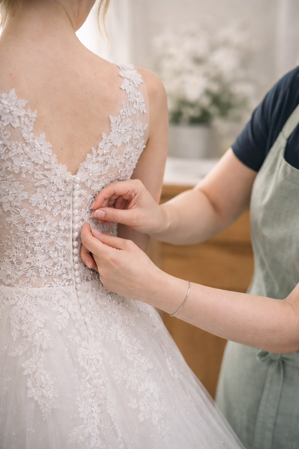 A wedding dress hanging with lace embroidery on the hem and along the train.