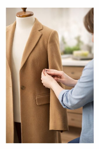 A person wearing a gray suit jacket adjusting the sleeve of their shirt in an outdoor setting with blurred green foliage in the background.