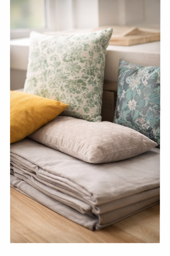 Two sets of decorative pillows with plaid and striped patterns on a dark fabric sofa.
