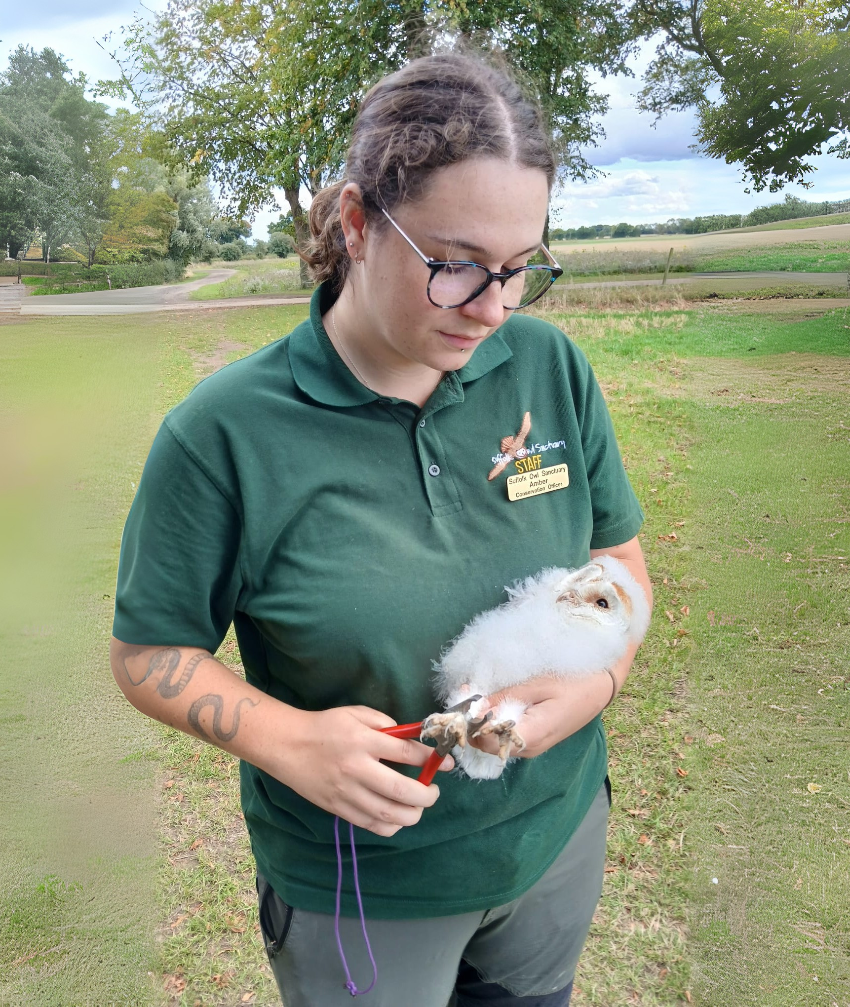 A woman with glasses and tattoos holding an open-eyed young owl in her hands outdoors on a cloudy day.