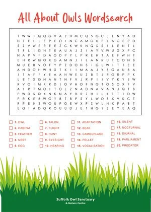 All About Owls Wordsearch with 20 owl-related words, including owl, habitat, feathers, nest, egg, talon, flight, hunt, eyesight, hearing, adaptation, beak, camouflage, pellet, vocalisation, silent, nocturnal, diurnal, parliament, predator. The word search is from Suffolk Owl Sanctuary and Nature Centre.