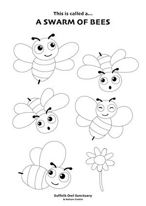 Illustration of five bees and one flower, with text indicating it's called a swarm of bees.