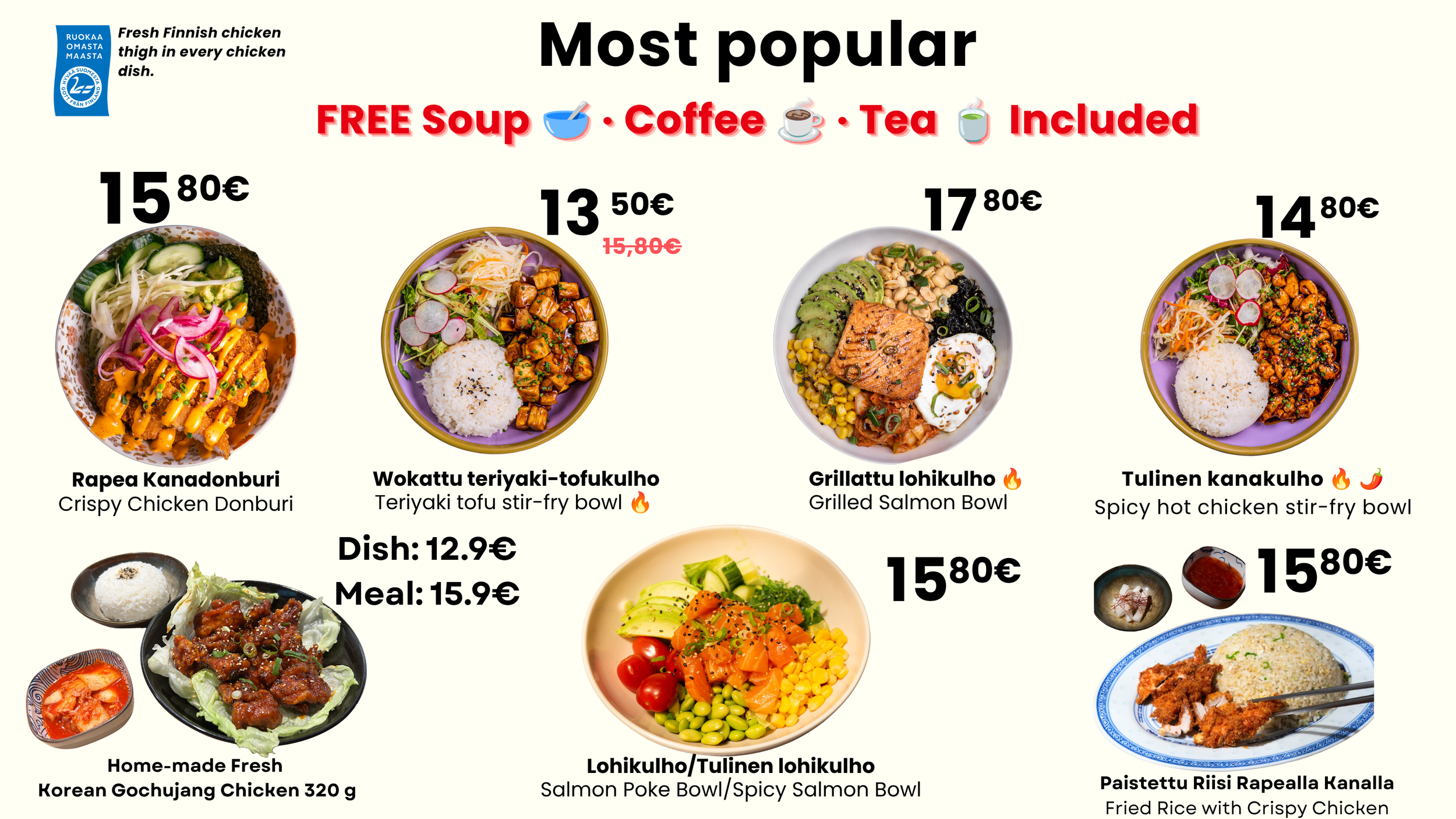 Menu board listing various Finnish chicken dishes with images, prices, and descriptions, including crispy chicken donburi, teriyaki tofu stir-fry, grilled salmon bowl, spicy hot chicken stir-fry, and fried rice with crispy chicken, all with free soup, coffee, and tea included.