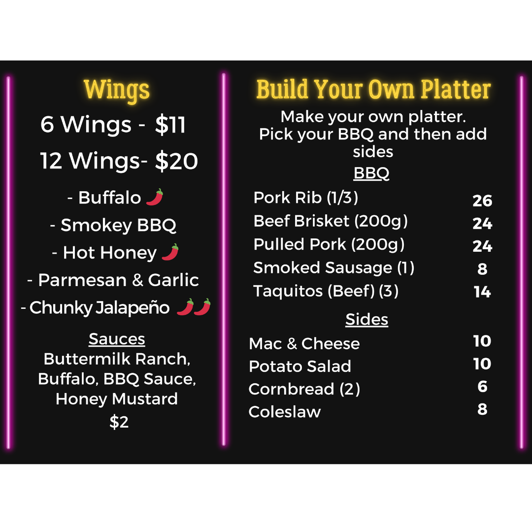 Menu offering wings, build your own platter, and BBQ options with prices, sauces, sides, and flavor options.