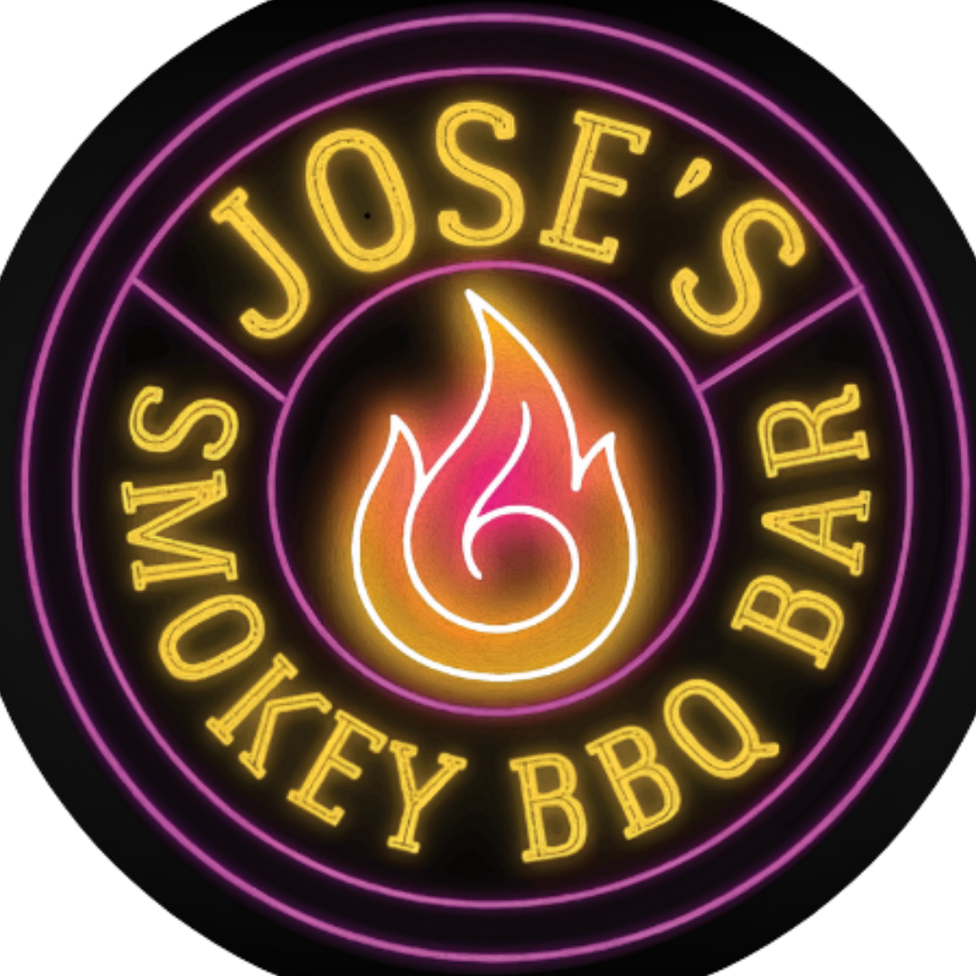 Neon sign featuring a flame in the center, with the text 'Joesy's Yellowky BBQ' around the flame in yellow, and the entire design outlined with purple neon rings.