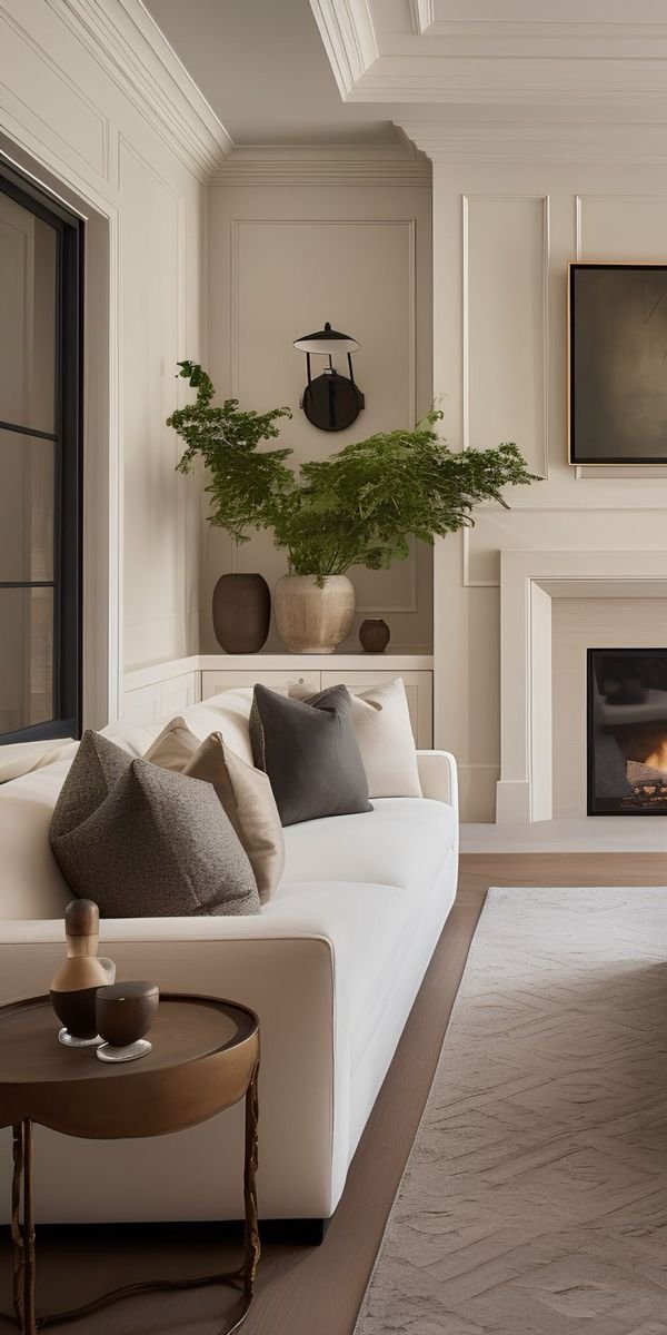 Modern living room interior with a white sofa, colorful pillows, round wooden side table, fireplace, large indoor plant, and neutral decor.