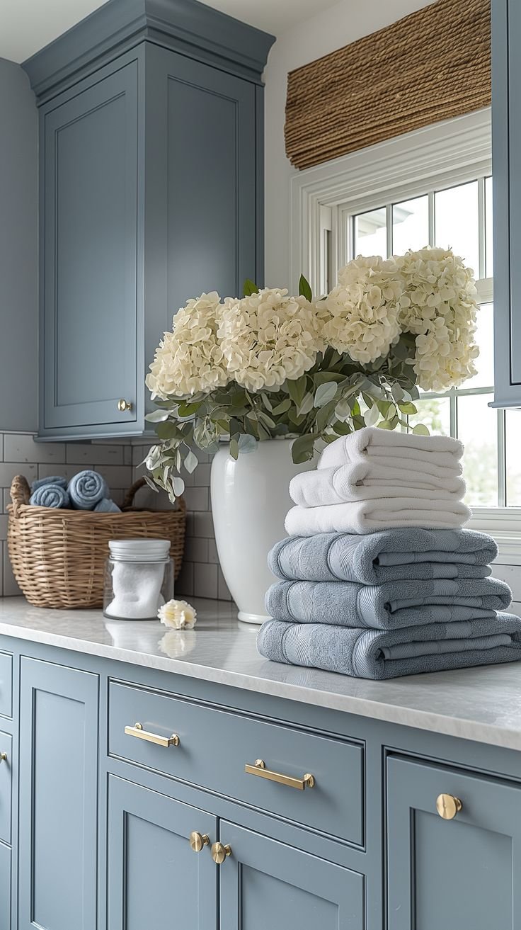 Bathroom with blue cabinets, white countertops, stacked blue and white towels, wicker basket with rolled towels, large vase of white flowers, and a jar with a lid.