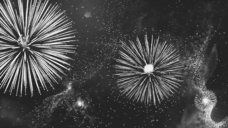 Fyrverkeri som lyser opp nattehimmelen i svart og hvitt.