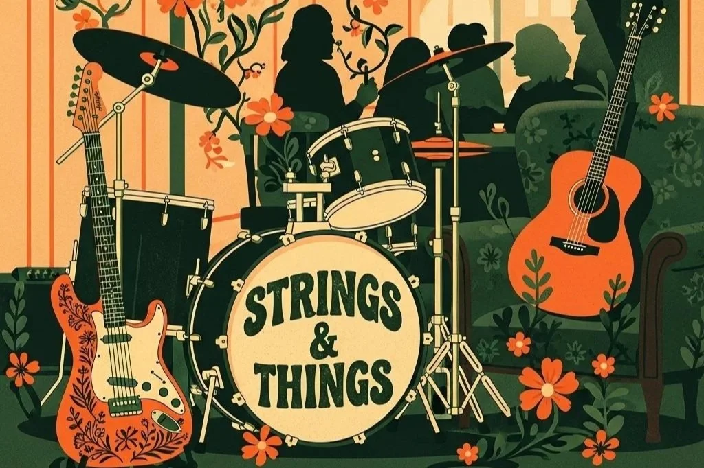 Illustrasjon av et jazzband på scenen, med trommesett, elektrisk gitar og akustisk gitar, omgitt av blomster.