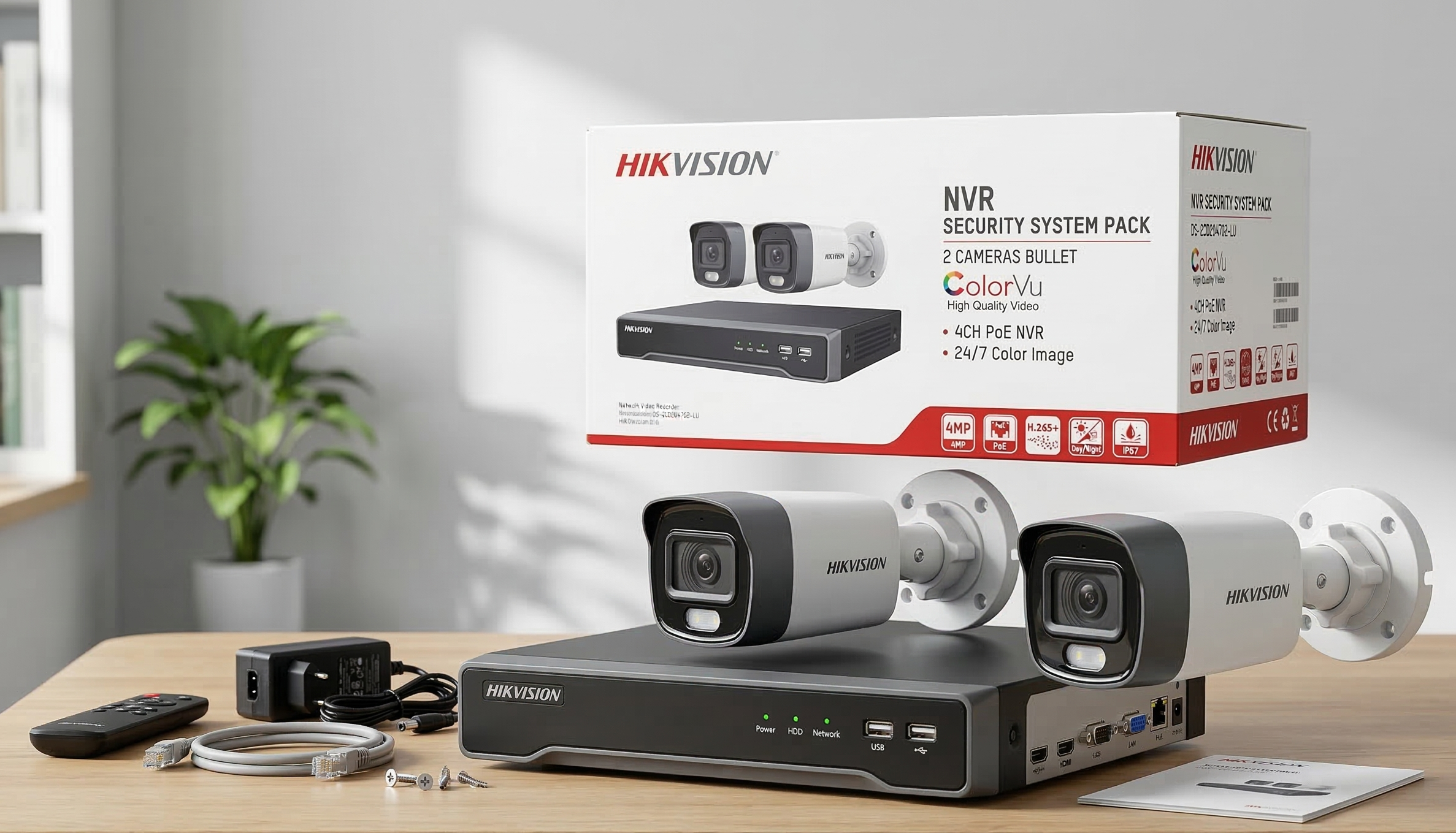 Kit de vidéosurveillance Hikvision comprenant deux caméras, un enregistreur réseau, une alimentation, un câble Ethernet, une télécommande, des vis et un manuel, posé sur une table en bois dans une pièce lumineuse.