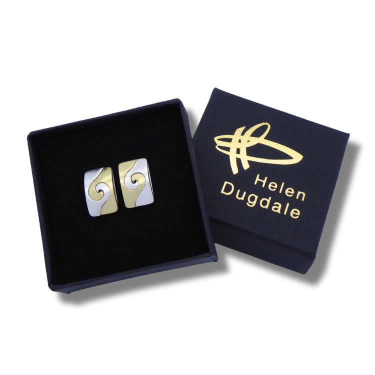 Spiral Unity Earrings in a box - flat backs - Silver & Brass