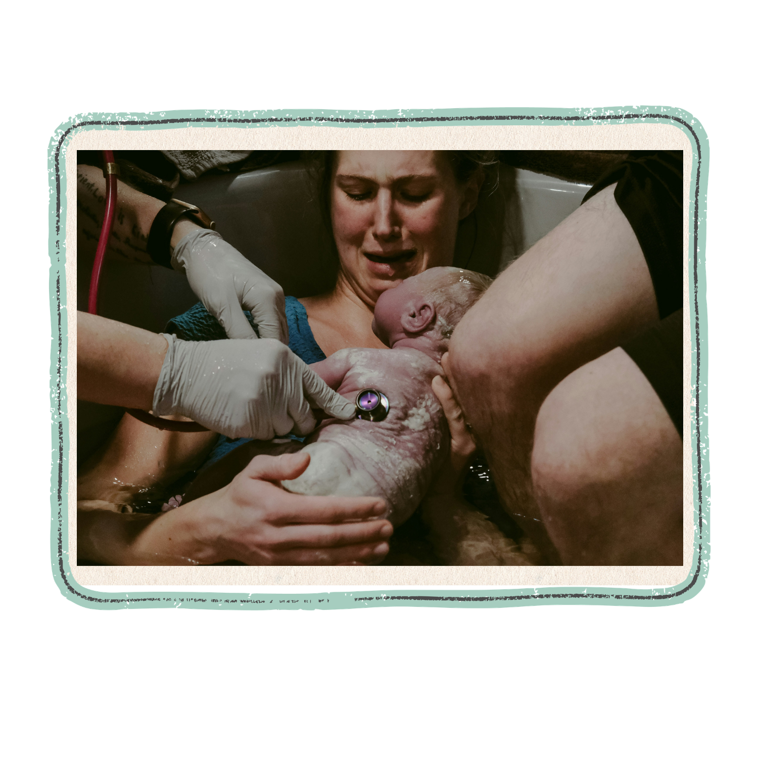 A woman in labor during childbirth with medical personnel assisting, her face showing effort and distress, a newborn baby being delivered.