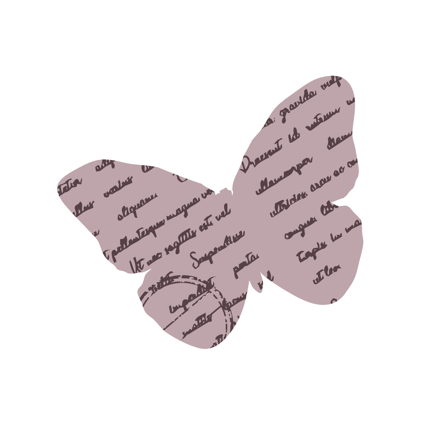 A butterfly with pale purple wings covered in handwritten text.