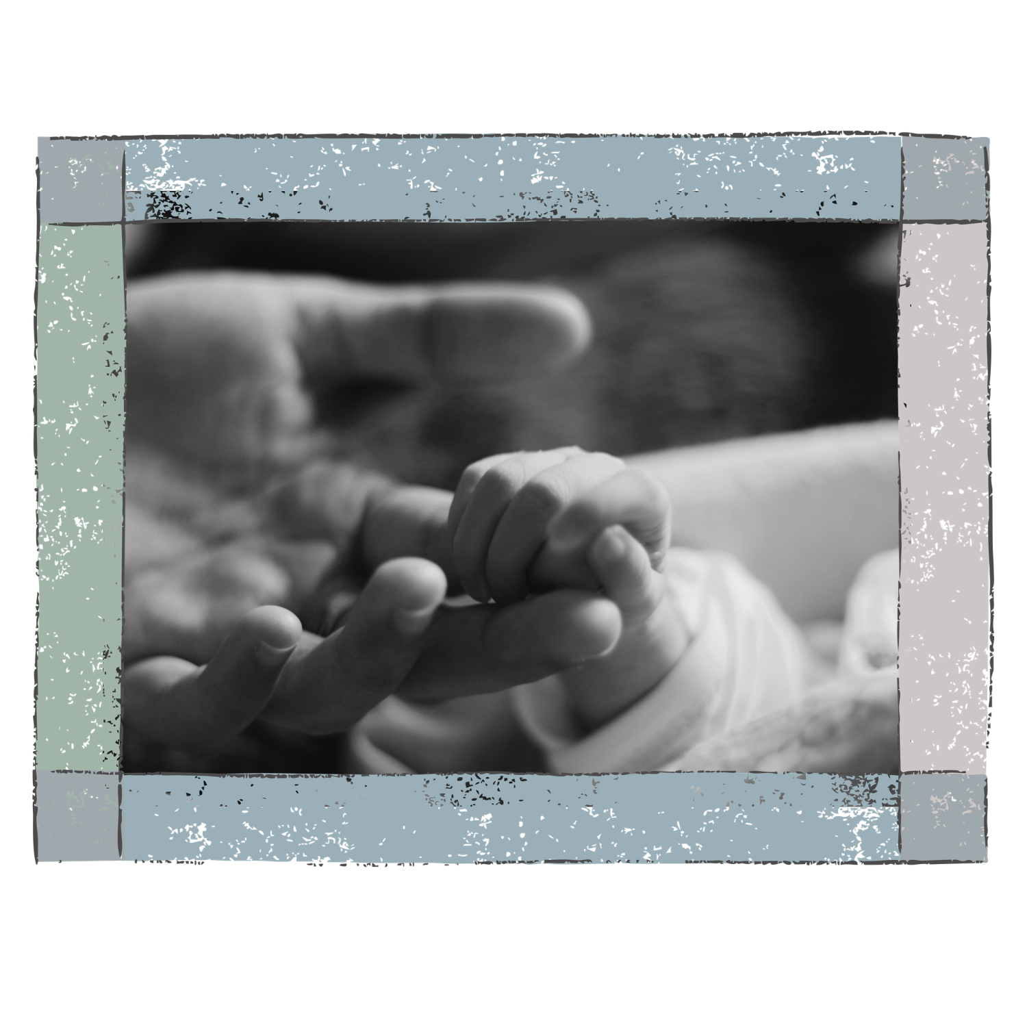Close-up of an adult hand gently holding a baby's hand through a glass panel, with a blurred background, in black and white.