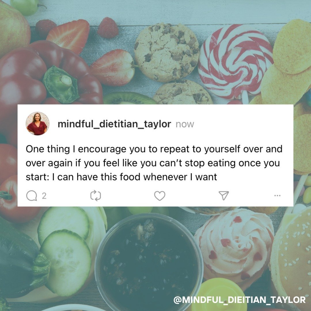 Repeat this to yourself over and over again if you struggle to stop eating once you've started: &quot;I can have this whenever I want&quot; 
. 
Learn more tips on how to reduce overeating and be more consistent with your eating patterns by watching m