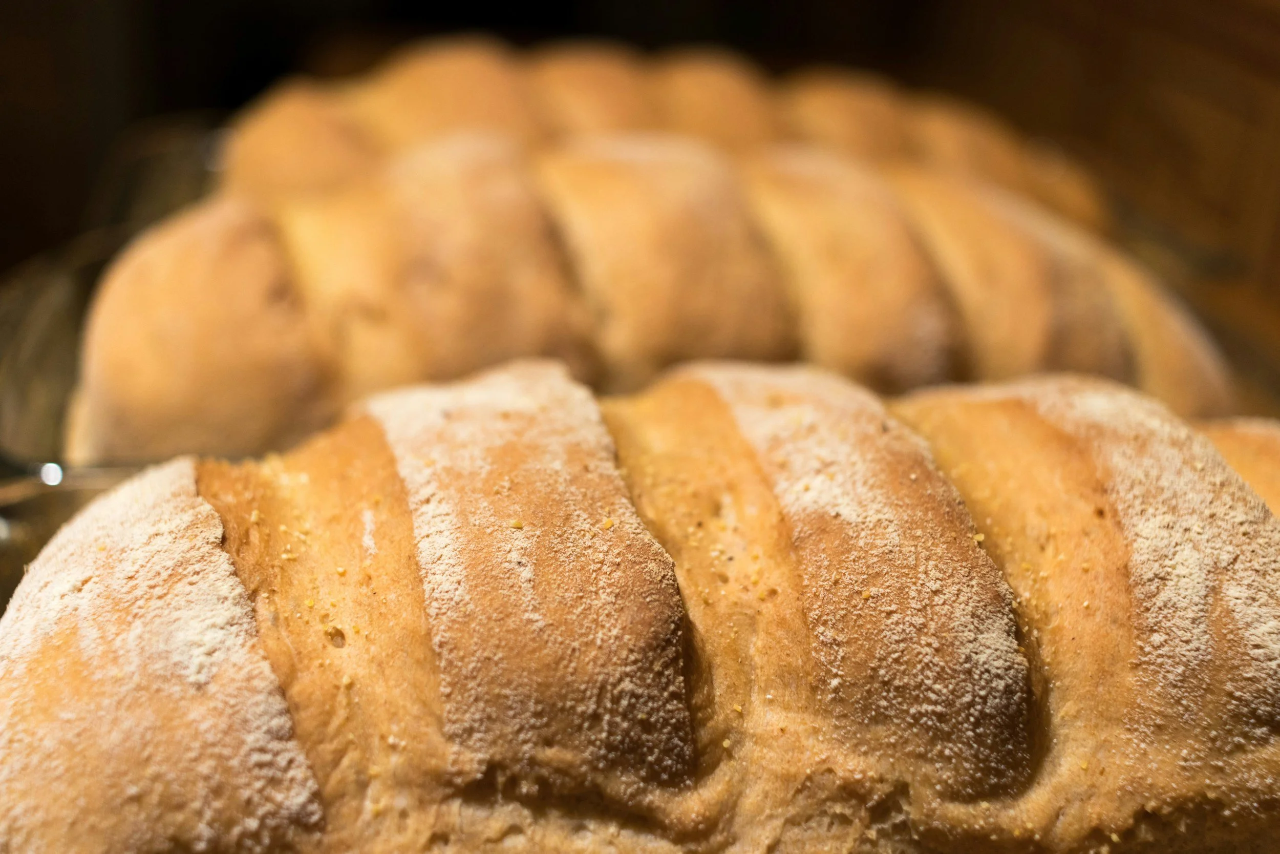 Close-up of two loaves of freshly baked bread with a golden crust, one in the foreground dusted with flour and the other in the background, inside a warm bakery.