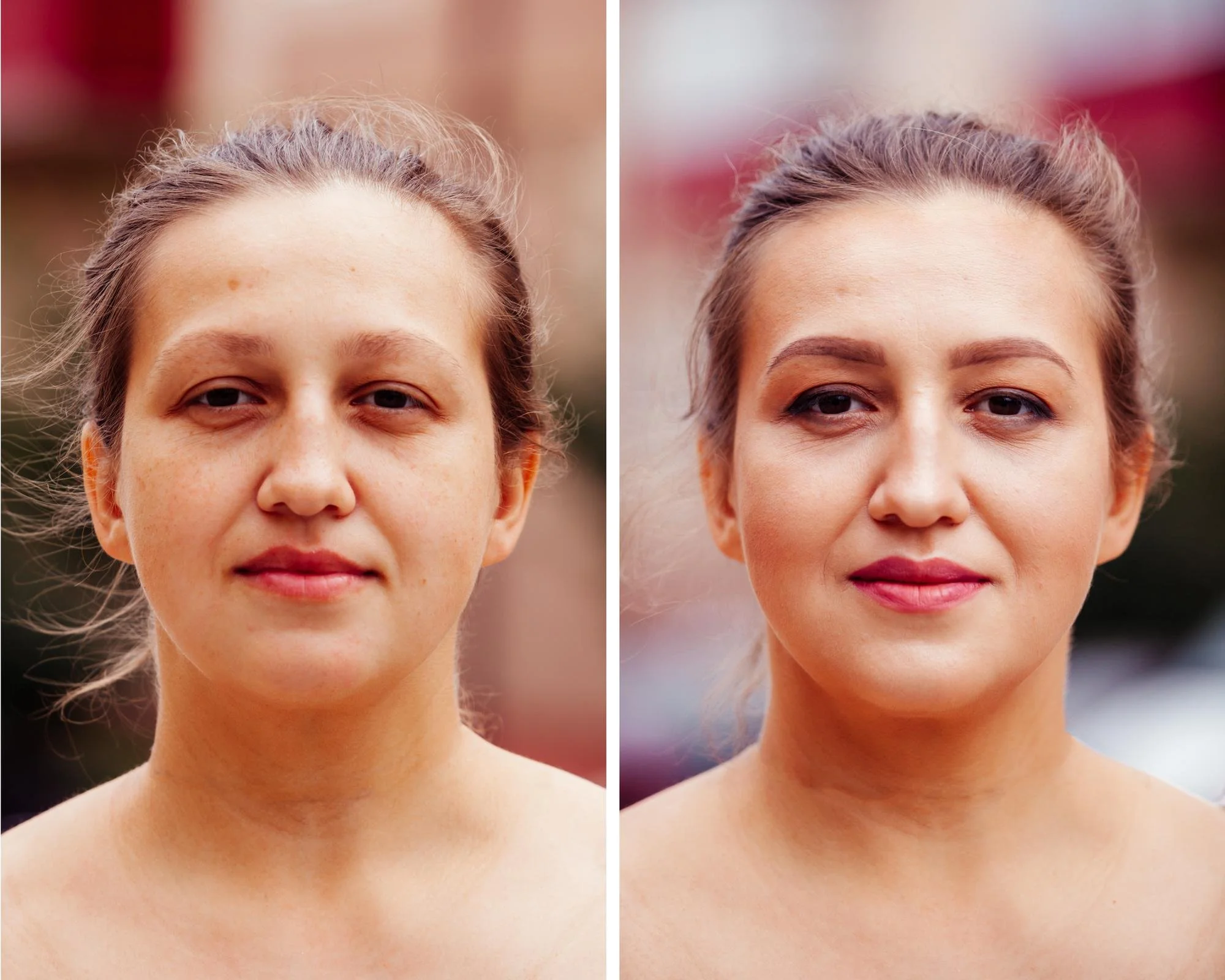 Side-by-side comparison of a woman's face before and after makeup application, showcasing changes in skin tone, eye makeup, and lip color.