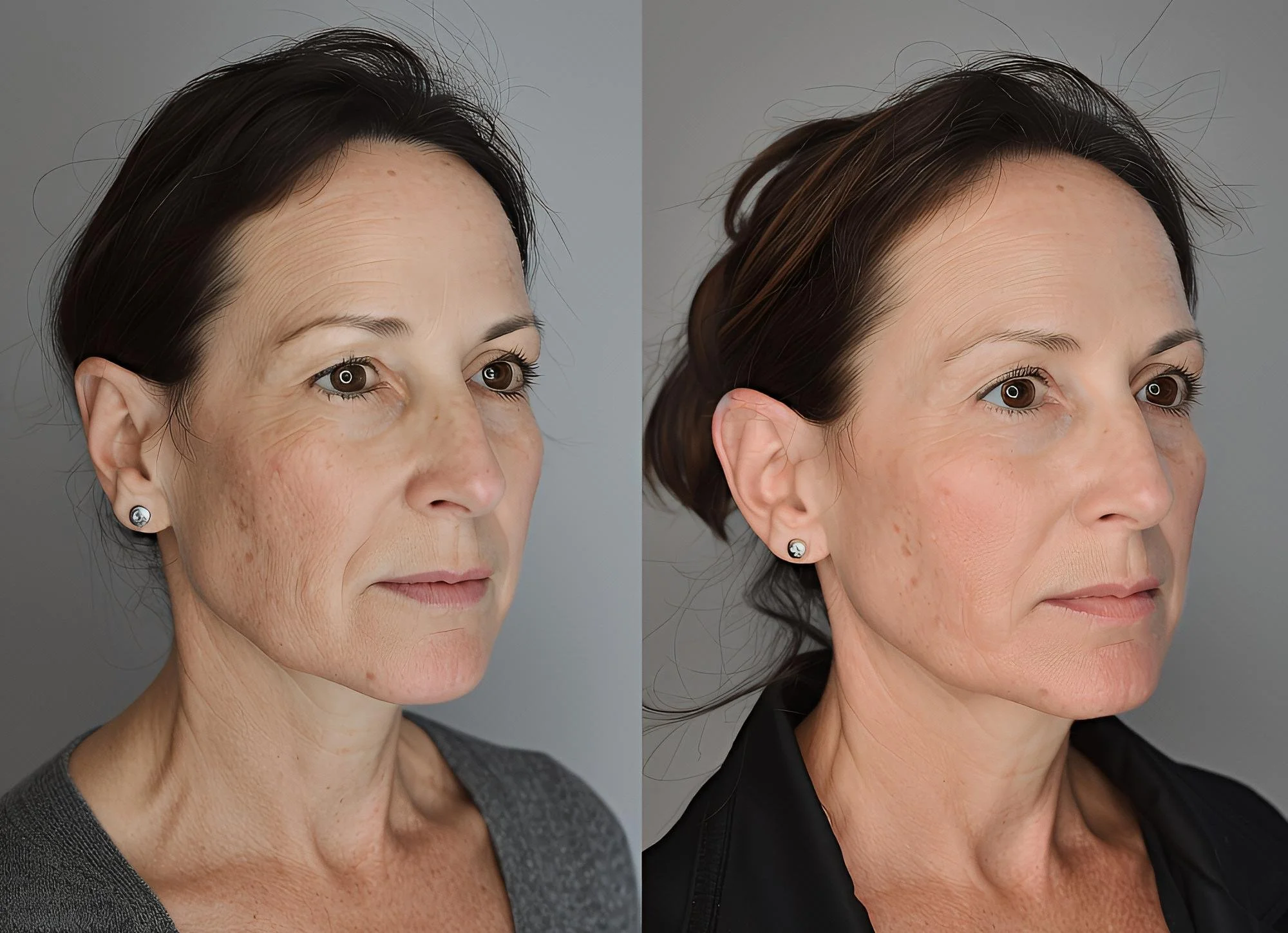 Side-by-side comparison of a woman before and after a skincare treatment, showing reduced wrinkles and improved skin texture.