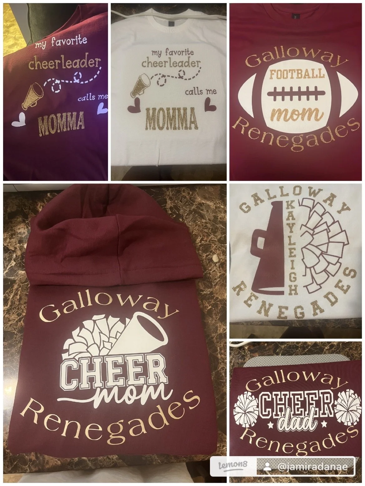A collection of shirts and a beanie with Galloway cheerleader, cheer mom, cheer dad, and football mom designs, along with a shirt featuring a football and the words 'Galloway Renegades'.
