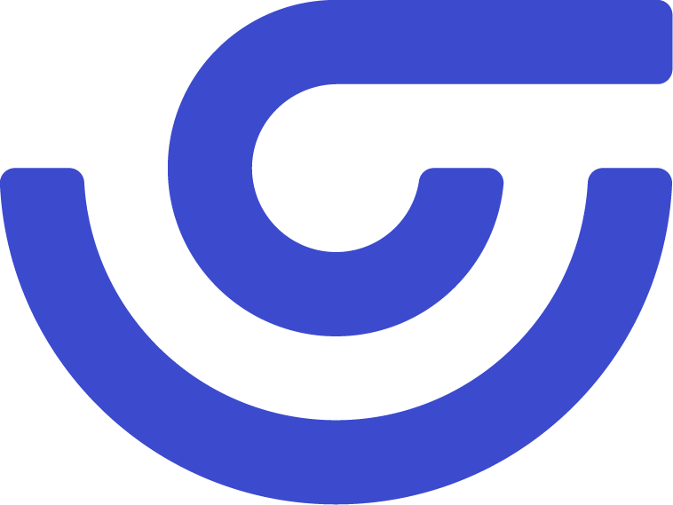 Abstract blue logo with concentric curved lines.