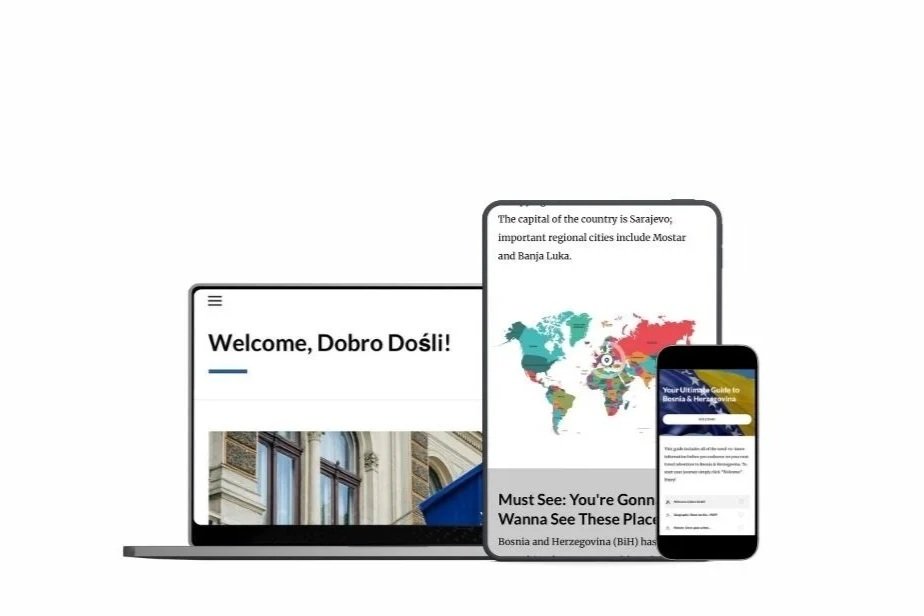 Digital collage featuring a laptop, tablet, and smartphone displaying a travel guide website for Bosnia and Herzegovina with a welcome message, a map, and various information. Background includes storyboards and flowcharts.