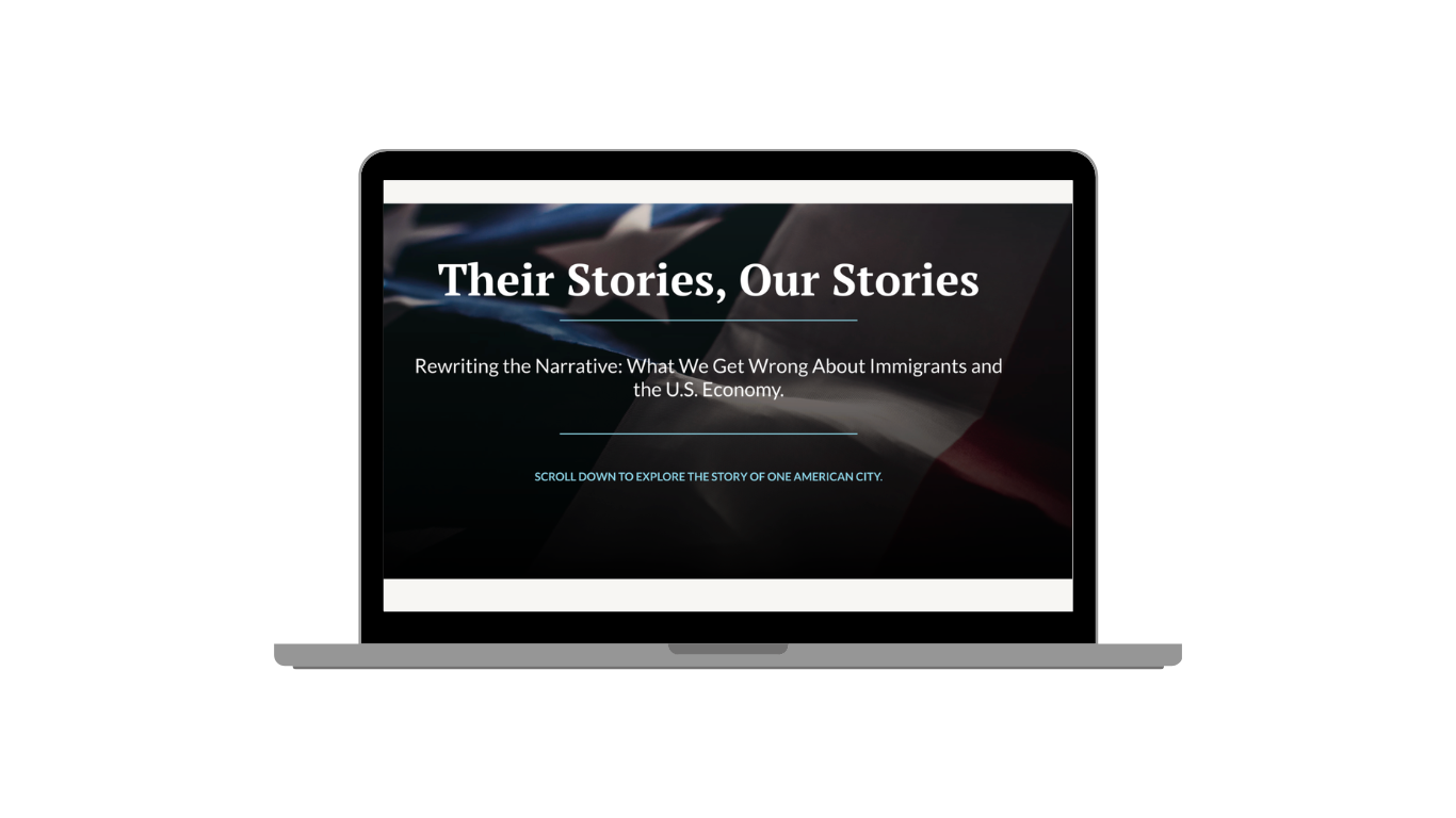Laptop screen displaying the title 'Their Stories, Our Stories' with a subtitle about rewriting narratives on immigrants and the US economy, and a prompt to scroll down to explore stories.