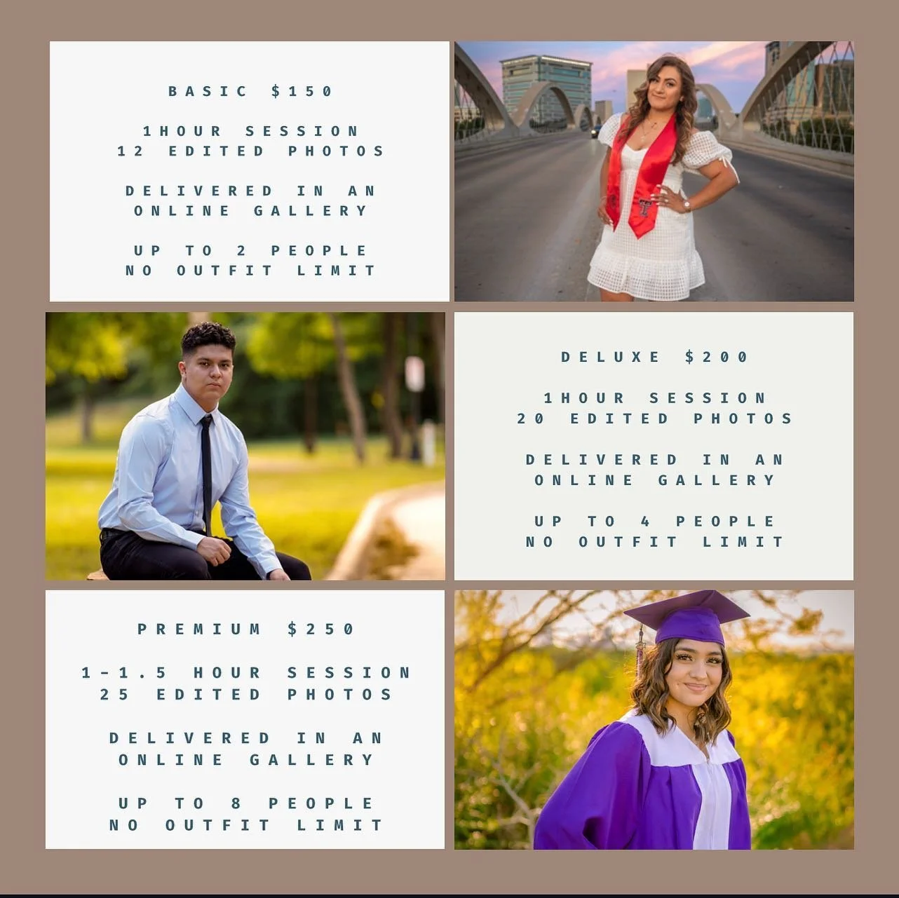 CLASS OF 2023!!!! We are now booking for Senior Photo Sessions! If you know of a high school or college student graduating now is the time to book ! If our packages are not what your looking for we will gladly customize one for you ! DM for more info