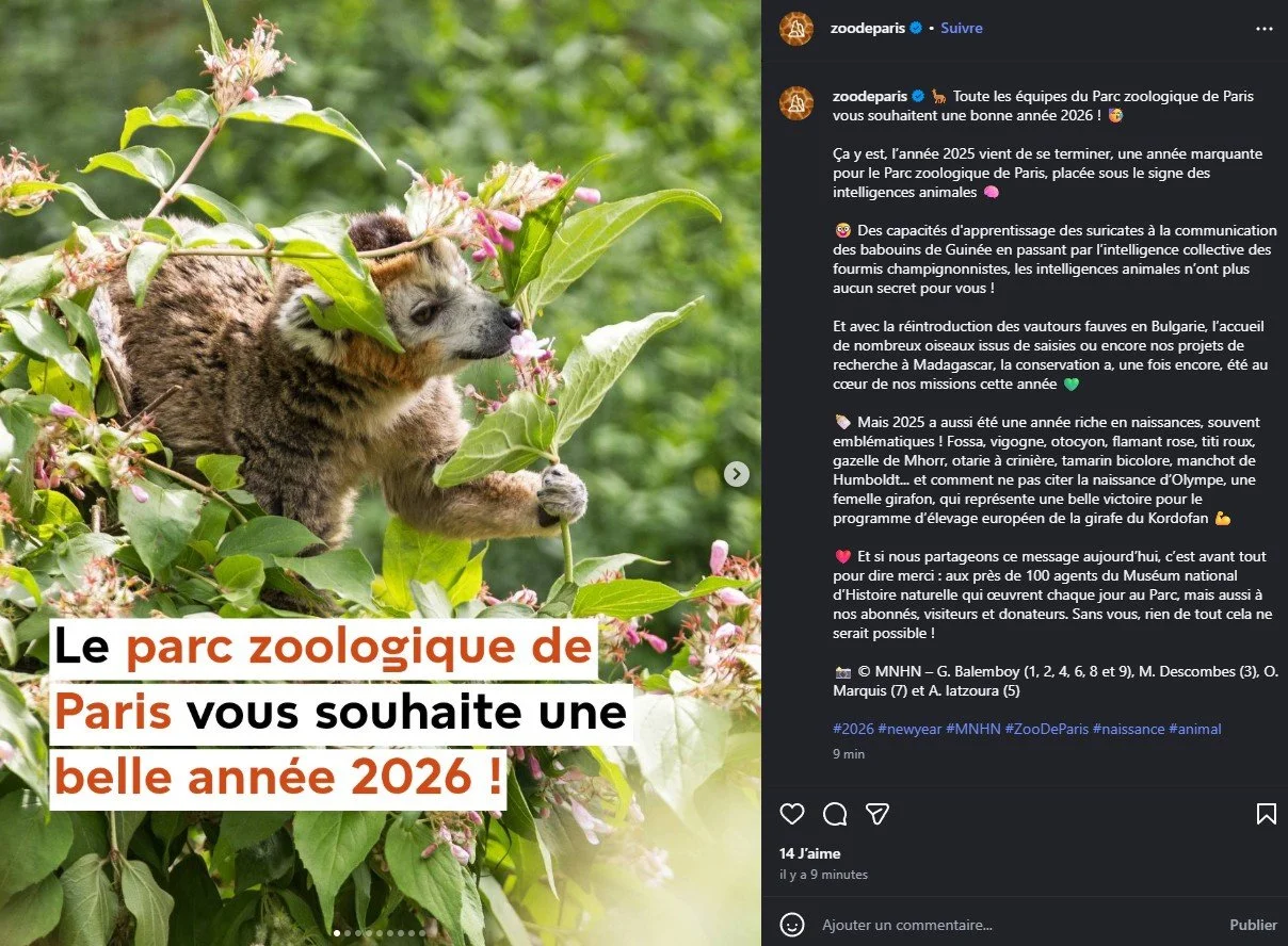 2026 Instagram post for the Zoo de Paris, MNHN, Paris
