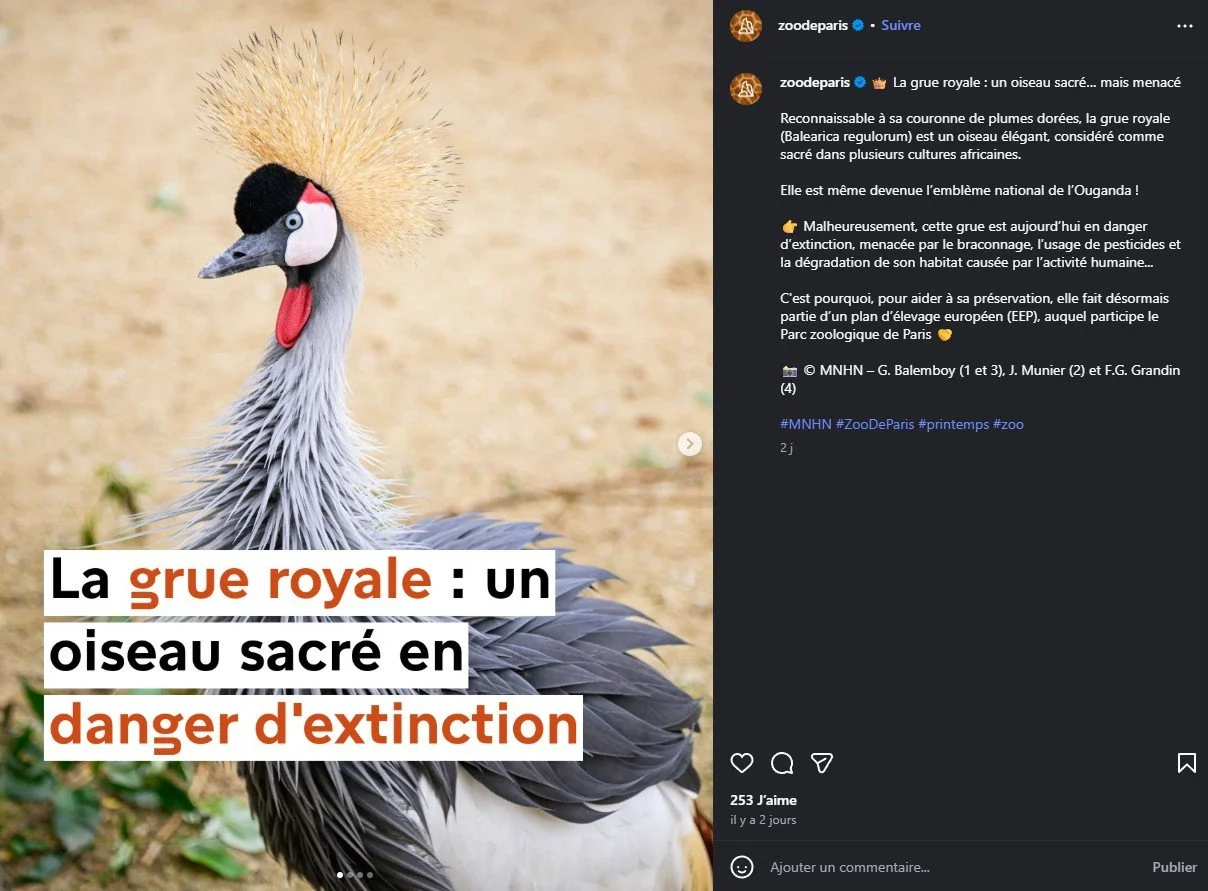 2026 Instagram post for the Zoo de Paris, MNHN, Paris