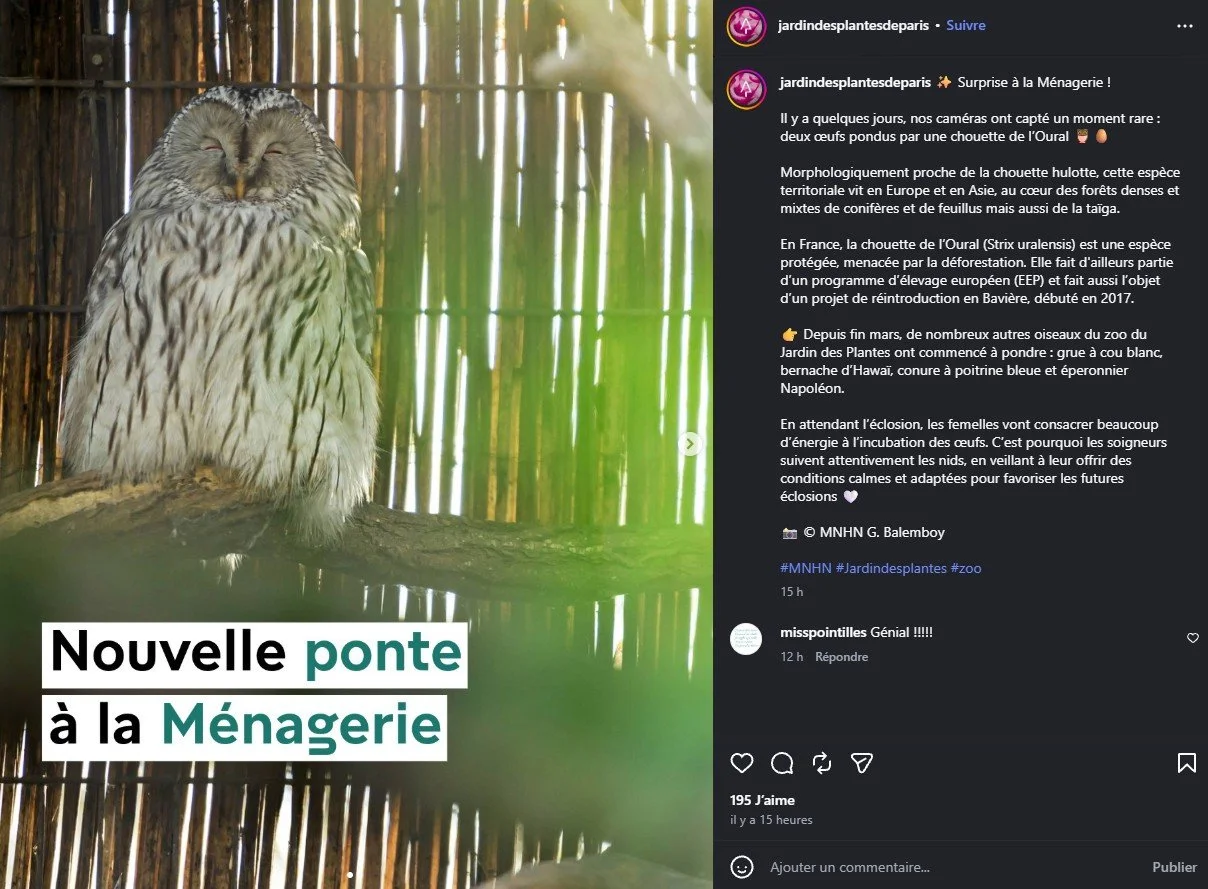 2026 Instagram post for the Jardin des Plantes de Paris, MNHN, Paris