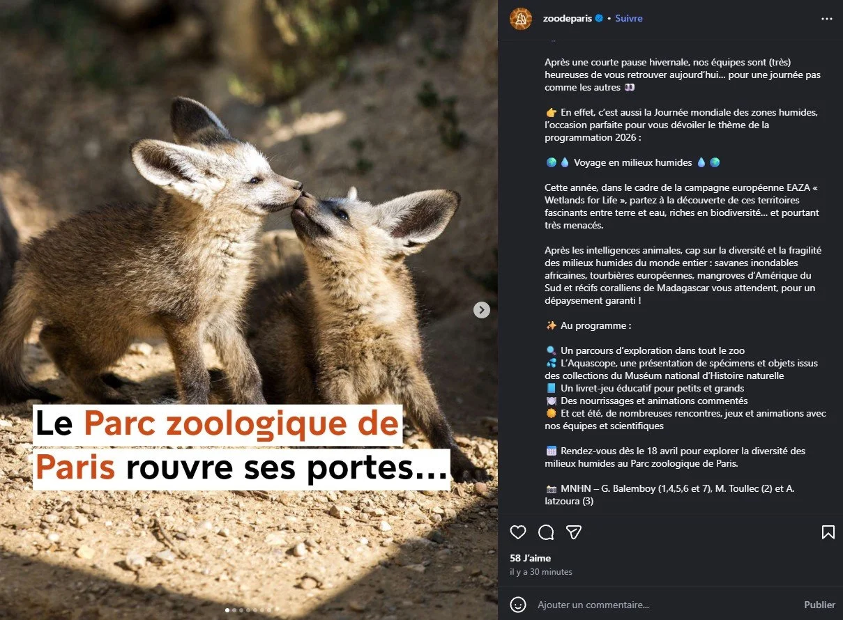 2026 Instagram post for the Zoo de Paris, MNHN, Paris