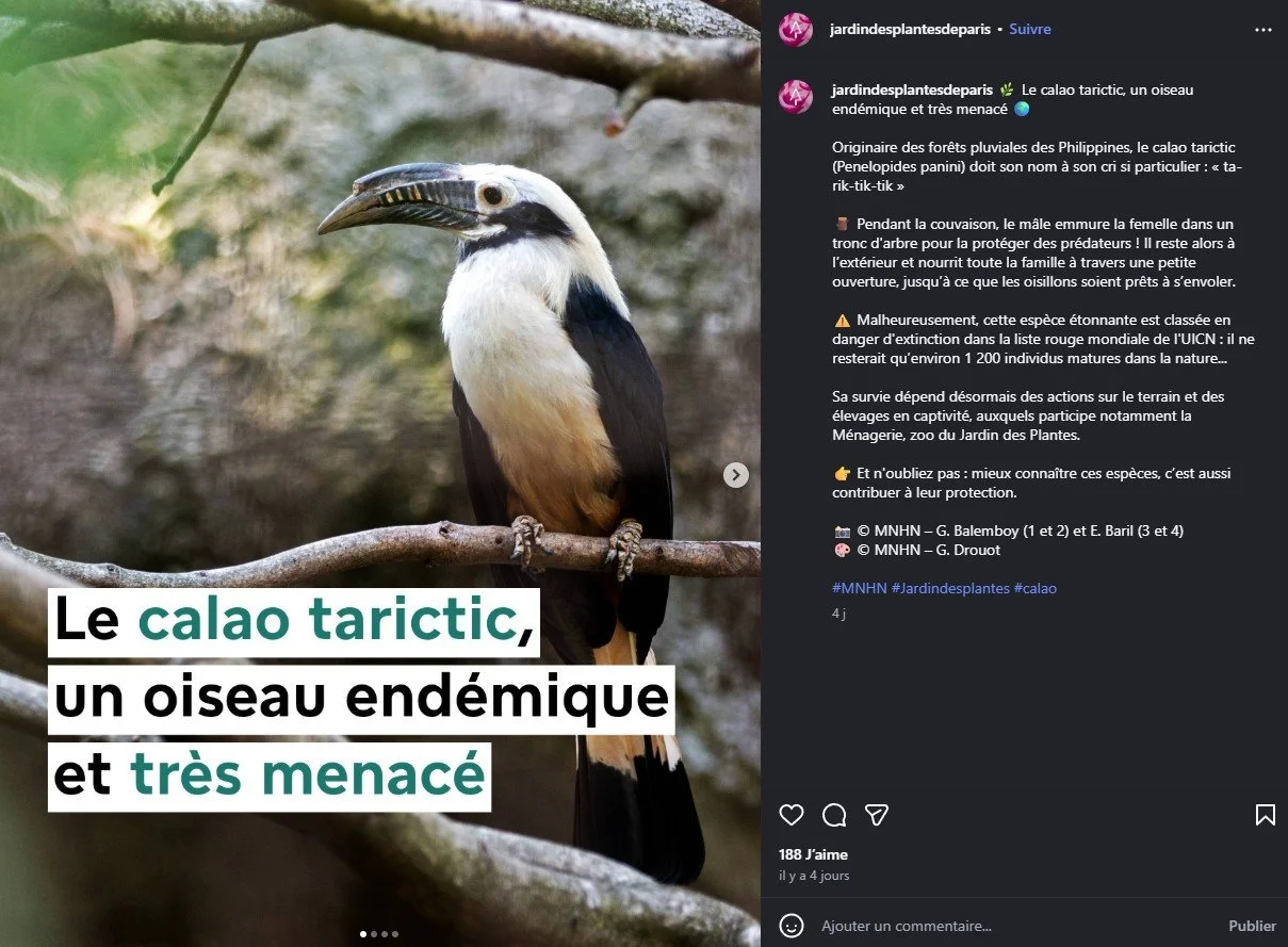2026 Instagram post for the Jardin des Plantes de Paris, MNHN, Paris
