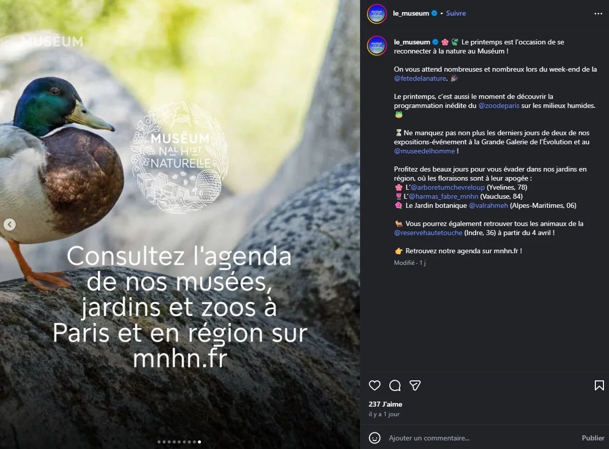 2026 Instagram post for the Museum, MNHN, Paris