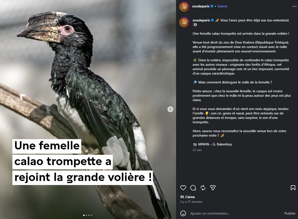 2026 Instagram post for the Zoo de Paris, MNHN, Paris